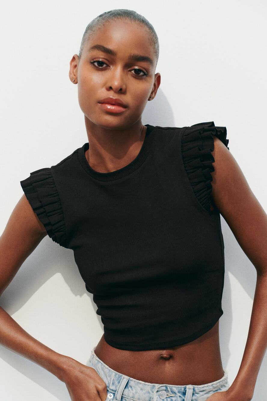 Zara Black Ribbed Ruffle Sleeve Crop Cropped Top Cotton Blend Minimalist women L